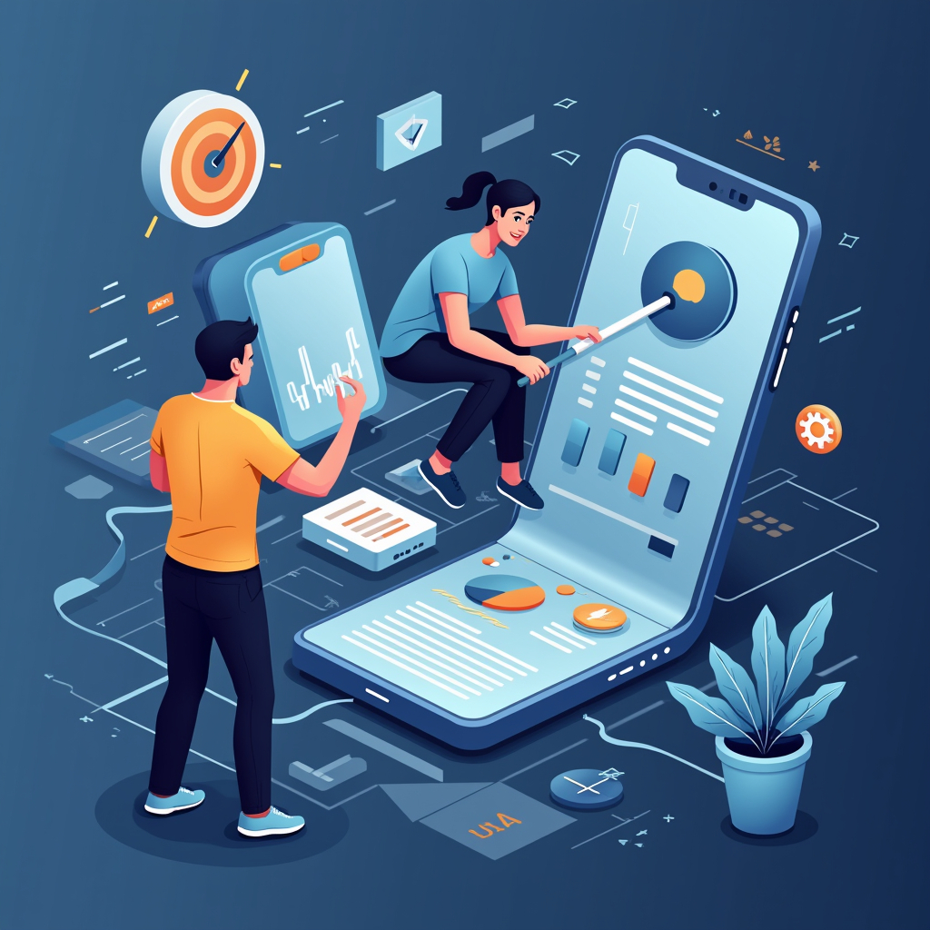 Mobile application development process with developers working on smartphone interfaces